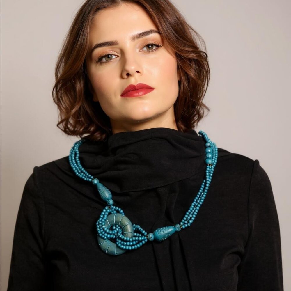 Blue Wooden Beaded Lightweight Oversized Boho Necklace Carved Beachy Coastal
